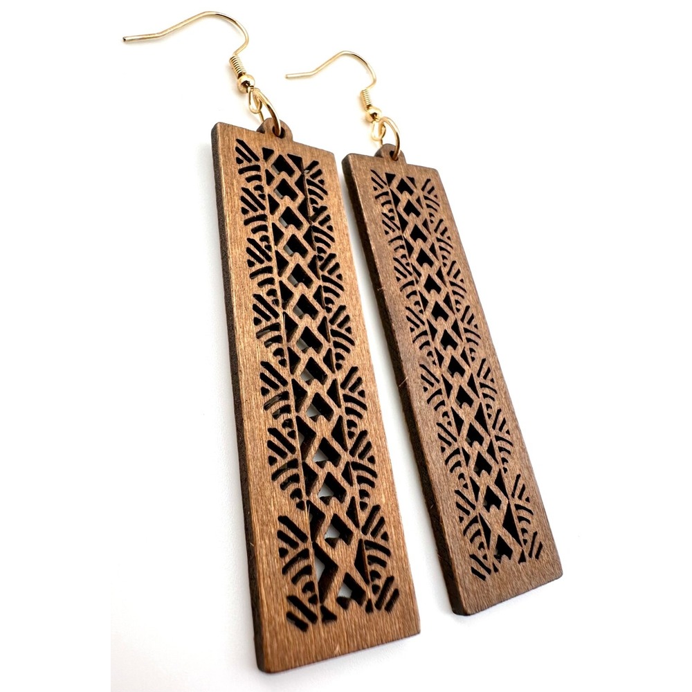 Art Deco Bar Earrings‎ Rectangle Chestnut Brown Stained Wood